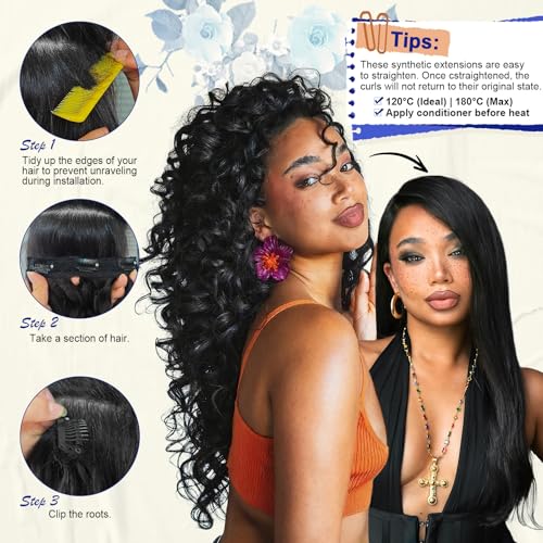 18 Inch Curly Wavy Clip in Hair Extensions 4PCS,QGZ Heat-Stylable Synthetic Lace Weft Extensions for Women, Black for Daily & Party Wear