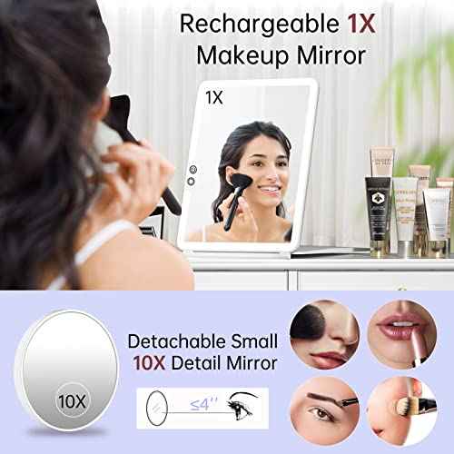 FUNTOUCH Large Rechargeable Travel Makeup Mirror with Light, Portable Makeup Mirror with 10X Magnifying Mirror 3 Lighting Modes, Dimmable Touch Screen, Tabletop Folding Travel Mirror with Storage Bag