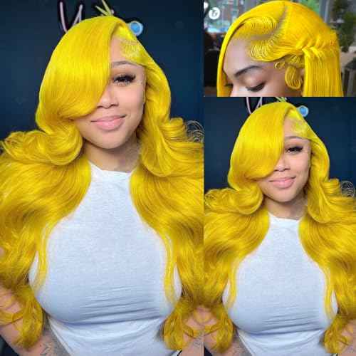 28 Inch Yellow Wig Human Hair 13x4 Yellow Lace Front Wig Human Hair Body Wave Lace Front Wigs Human Hair Blonde Wig Human Hair Colored 200% Density HD Frontal Wigs human hair