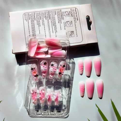 24Pcs Pink Coffin Nails Press on Nails Long Coffin Fake Nail with 3D Heart Pearl Star Charms Design Nail Art Gems Diamond Pink Acrylic Nail Art Supply Full Cover Stick on Nails Art for Women