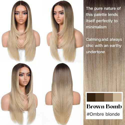 Ombre Blonde Wear and Go Glueless Wigs Pre Plucked Pre Cut for Beginners Synthetic Lace Front Wigs With Bangs Blonde Long Layered Straight Wigs 26 Inch 3 Seconds to Wear for Beginners
