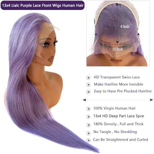 Ubetta Lilac Purple Wig Human Hair, 13x6 Lace Front Wigs Human Hair Glueless Purple Wigs Pre Plucked 22 Inch Lace Front Wigs for White Women 180% Density HD Straight Lace Frontal Wig Colored Lavender