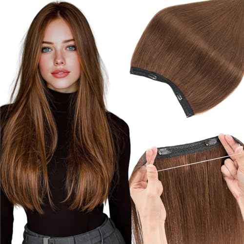 Rich Choices 100% Real Human Halo Hair Extensions for Women Remy Halo Extension Invisible Wire Hairpiece Clip in One Piece Hairpiece Upgrade Adds Weight 65g 12 Inch #4 Medium Brown