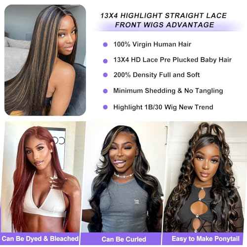 Blonde Highlight 13x4 Glueless Lace Front Wigs Human Hair 200% Density Pre Plucked with Baby Hair 13x4 Full Lace Front Wigs HD Transparent Lace Wig Balayage Wigs for Women 26 Inch