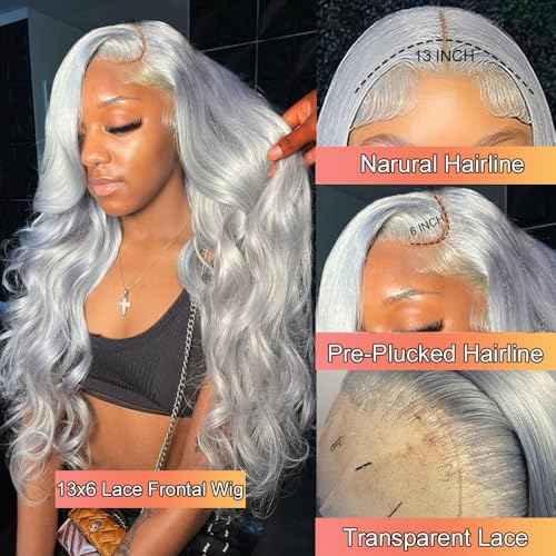 13X6 Silver Grey Lace Front Wig Human Hair Body Wave HD Transparent Grey Lace Front Wigs Human Hair Wear and Go Glueless Wig Preplucked with Baby Hair 24 Inch Gray Hd Lace Frontal Wigs for Black Women