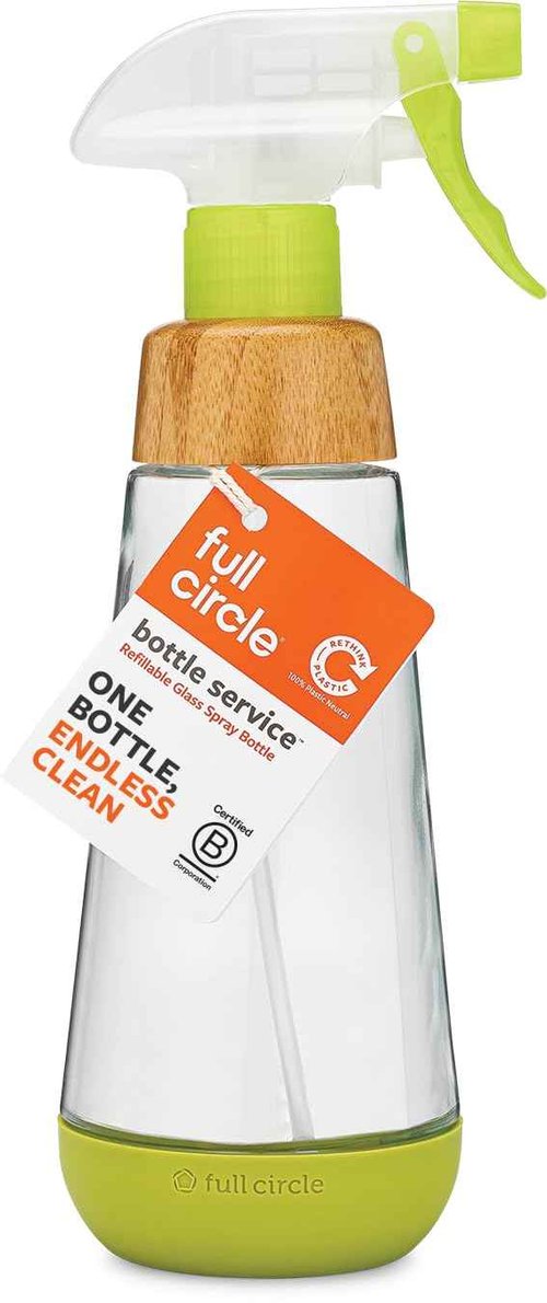 Full Circle Bottle Service-Sustainable Refillable Glass Spray Bottle for Cleaning-Versatile Stream & Mist Option, Bamboo,Silicone Protection Boot-Ideal for Kitchen,Plant,Hair & Beauty Care,16oz,Green