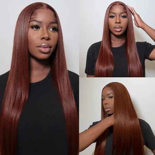 ijoy Human Hair Bundles with Closure Straight 12 14 16 +C12 Inch Brazilian Reddish Brown 3 Bundles with 4x4 HD Lace Closure Free Part 33# Color