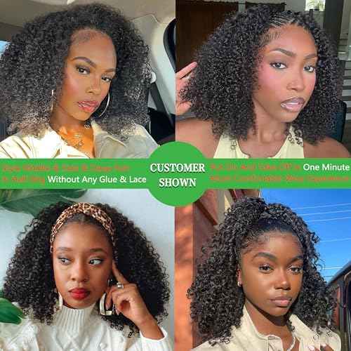 ZIYU Half Wig Human Hair - 200% Density 3 In 1 Seamless Flip Over Curly Half Wig Human Hair 14 inch Glueless Wear Go Beginner Friendly Kinky Curly Wig Drawstring Headband Wig for Women