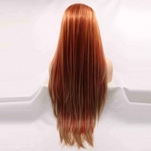 Xiweiya Wig Long Red Brown Wig with Blonde Synthetic Lace Front Wig Hightlight Long Soft Wig Silky Straight Hair Replacement Wig for Women, Drag Queen Makeup 24 inch