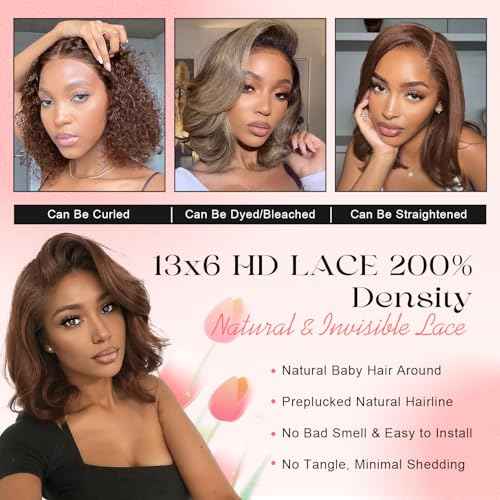 Brown Wig Human Hair 200% Density 13x6 Body Wave Lace Front Wigs Human Hair Pre Plucked Short Wigs for Black Women Glueless Frontal Wig Human Hair Loose Wavy 16 inch