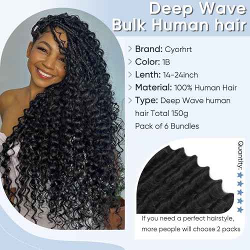 Human Braiding Hair for Boho Braids,150g 22 inch 6 Bundles Deep water Wave Bulk Boho Curly Human Hair for Braiding,Natural Color No Weft 12A Wet and Wavy Human Knotless Braiding Hair Extensions