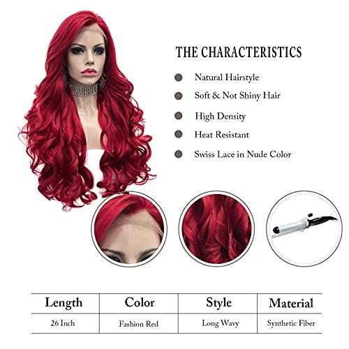 IMSTYLE Red Lace Front Wigs Long Wavy Synthetic Wig for Women Natural Hairline Mera Cosplay Party Halloween Heat Resistant Hair 26inch