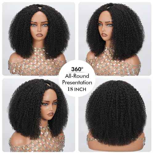 Kinky Curly V Part Wig Human Hair Upgrade U Part Human Hair Wig With Adjustable Drawstring Wig V Shape Clip In Half Wigs Afro Curly for Women No Sew in NO Glue200% Density 16 Inch