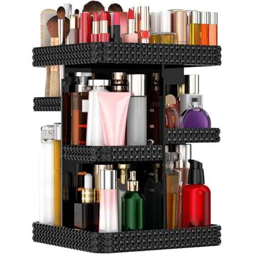 360 Rotating Makeup Organizer - Black Acrylic Makeup Storage for Vanity, Cosmetic Organizer with Lotion and Perfume Holder for Dresser