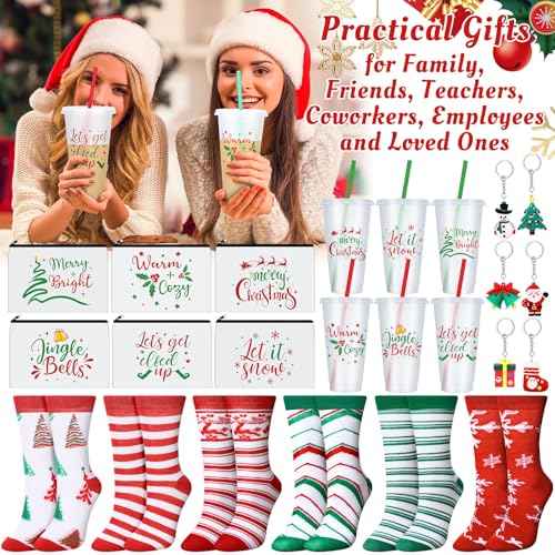 24 Pcs Christmas Gifts Set Include 24 oz Merry Christmas Plastic Tumbler Cup with Lids and Straw Makeup Cosmetic Bag Crew Sock Keychain for Xmas Party Favors Secret Sister Winter Gifts