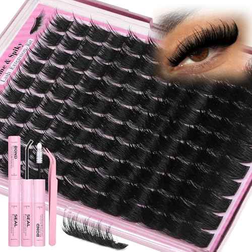 Lanflower Volume Lash Clusters Kit Wispy Spiky Lash Extension Kit 300D Fluffy Cluster Eyelash Extensions 12-20mm Long Eyelash Clusters Fairy Manga Eyelash Extension Kit