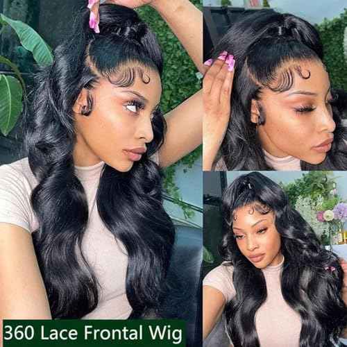 360 Lace Front Wigs Human Hair 220% Density Hidden Straps Body Wave HD Lace Front Wigs with Drawstring 360 Full Lace Wigs Brazilian Virgin Human Hair Wig for Women Natural Black 16Inch