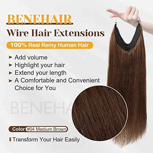 Benehair Human Hair Extensions Thick Ends Invisible Wire Real Human Hair with 2 Fish Lines Thicker Hairpieces 18inch 100g Medium Brown Hair Extensions Straight Thicker Hairpieces for Women #4