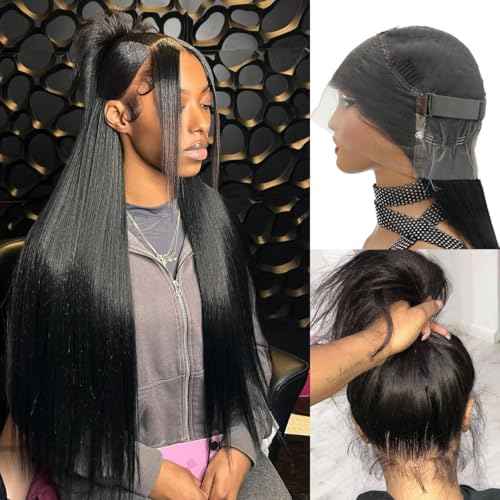 Hidden Strap 360 Lace Front Wigs Human Hair 250% Density Straight Human Hair Wigs for Bkack Women 360 Full Lace Wigs Human Hair with Drawstring 9A Natural Hairline (Natural Black, 18Inch)