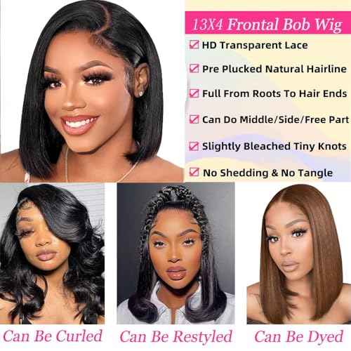 Bob Wig Human Hair 13x4 Lace Front Wigs Human Hair Pre Plucked 14 Inch Straight HD Lace Frontal Short Glueless Wigs for Women with Baby Hair 180% Density Natural Black Color