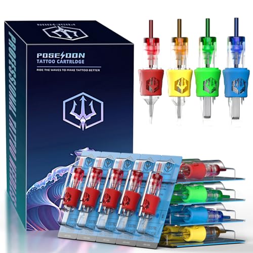 POSEIDON Professional Tattoo Cartridges Needles 50-Pack, Assorted Sizes #10 Round Liner Shader Curved Magnum, 3RL/5RL/7RL/9RL/11RL/3RS/9RM/15RM/9M1/15M1, Disposable Needles with Membrane,Universal Fit