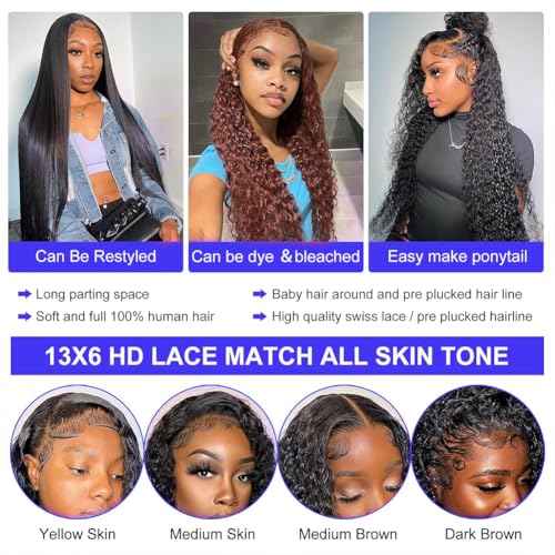Oxcart Deep Wave Lace Front Wigs Human Hair 24 Inch 200 Density 13x6 HD Lace Frontal Wigs Pre Plucked Glueless Brazilian Virgin Human Wig with Baby Hair Deep Wave Wigs for Women Natural Black
