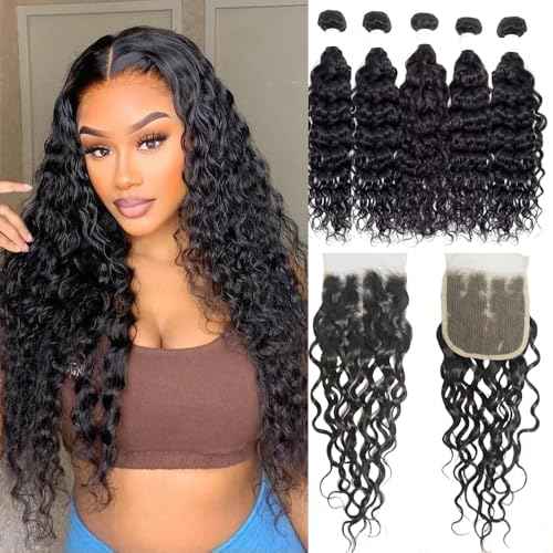 Brazilian Water Wave with Lace Closure - Wet and Wavy Hair, Deep Curly Human Hair 5 Bundles (50g/bundle) with 4x4 Lace Closure (16/16/16/16/16+16")