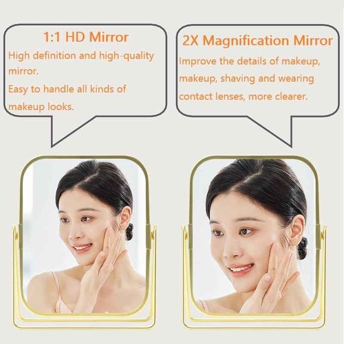schonee 2-Sided Golden Tabletop Makeup Mirror, Double Sided 2X Magnification Vanity Mirror, 360°Rotation Dressing Table Mirror (Gold - Rectangle)