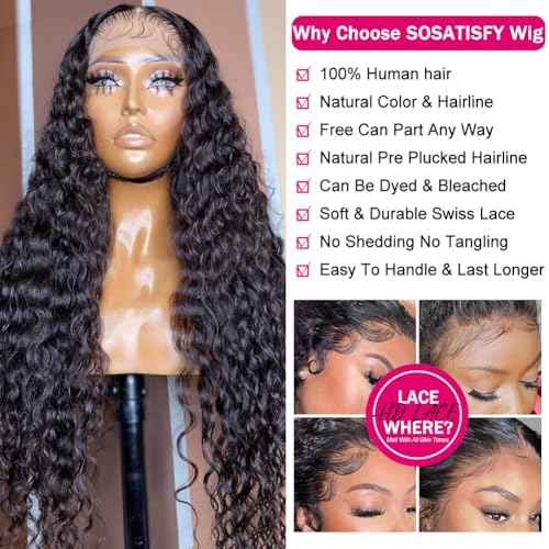 SOSATISFY Deep Wave Lace Front Wigs Human Hair 4x4 HD Transparent Lace Closure Wigs Glueless 180% Density Wigs for Black Women Pre Plucked with Baby Hair (26 inch)