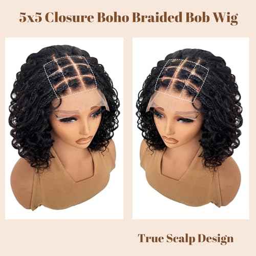 Munx Knotless Braided Wigs Human Hair 5x5 Closure Lace with Braided Bob Curly Deep Wave Square Parted Knotless Preplucked Boho Braided Lace Front Bob Wigs for African American 100% Human Hair 10in