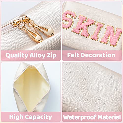 Y1tvei 4Pcs Preppy Patch Varsity Letter Makeup Bag Sewn with Pink Skin Hair Face Stuff Chenille Letter Cosmetic Toiletry Bag PU Leather Waterproof Portable Zipper Purse Travel Organizer for Women Girl