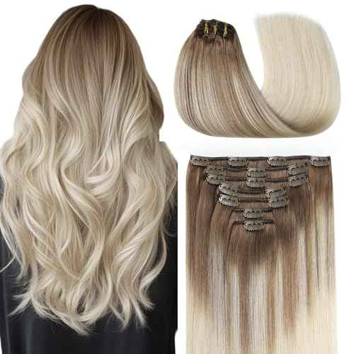 COOKAYU Clip in Hair Extensions Human Hair, 8/60 Ash Brown to Platinum Blonde Ombre Real Hair Extensions Clip in Human Hair, 20inch 120g 7Pcs