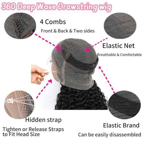 360 Full Lace Human Hair Wig Hidden Strap Deep Wave HD Lace Front GluelessWigs with Drawstring Natural Hairline Curly Human Hair Frontal Wigs for Black Women Natural Color 18 Inch