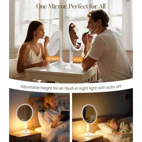 Gospire 10.8 Inch 2-in-1 Large Vanity Mirror with Lights & Bedside Table Lamp, Height Adjustable Lighted Makeup Mirror with Magnification 10X, 5000mAh Battery, 3-Color Desk Light Up Mirrors Bathroom