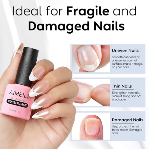 AIMEILI Clear Rubber Base Gel For Nails, Soak Off U V LED Hema Free Gel Nail Polish, 4 in 1 Nail Strengthen/Enhance/Base Coat/Color 10ml