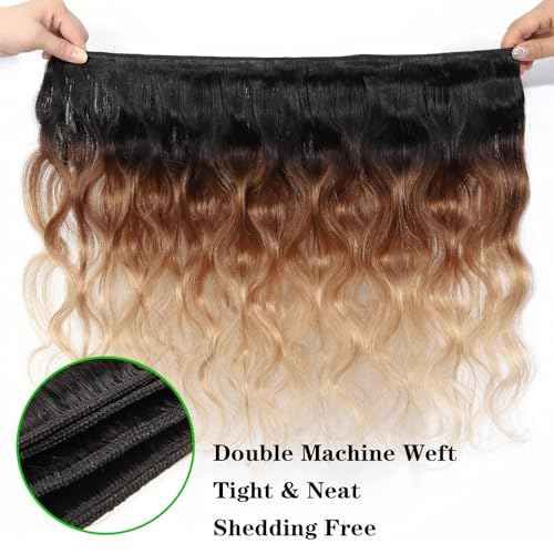 10A Ombre Human Hair Bundles With Closure 100% Brazilian Virgin Human Hair Body Wave Ombre Hair 3 Tone Black to Blonde Brazilian Remy Hair Bundles (T1B/4/27,16 18 20+14)