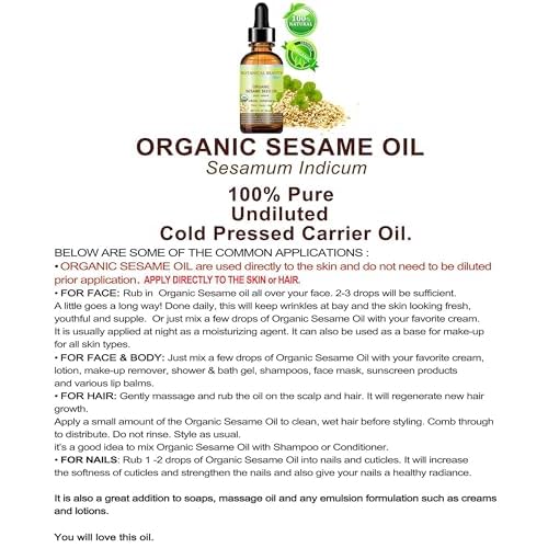 Botanical Beauty Organic SESAME SEED OIL 100% Pure Natural Virgin Unrefined Undiluted Cold Pressed Carrier Oil for Face, Skin, Body, Hair, Massage, Nails (1 Fl Oz 30 ml)