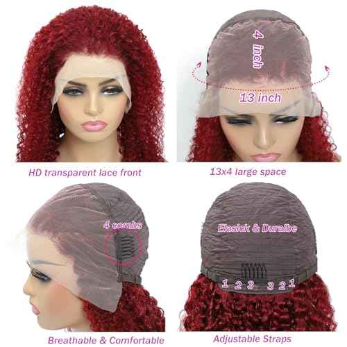 99J Burgundy Deep Wave Lace Front Wigs Human Hair 13x4 HD Lace Frontal Wigs Human Hair Lace Front Wigs Pre Plucked 99j Burgundy Deep Curly Wigs Human Hair Wigs For Women 180% Density 24 Inch
