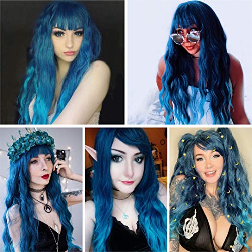 Mildiso Blue Wigs for Women 26" Long Blue Wig with Bangs Curly Wavy Natural Cute Soft Wig with Wig Net M062B