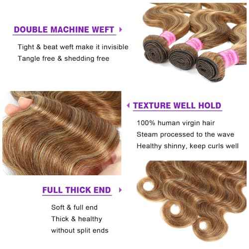 Vallbest Ombre Human Hair Bundles with Closure 16 18 20 +14 Inch Highlight Bundles Human Hair 4/27 Brown Body Wave Blonde Bundles with 4x4 Closure 12A Brazilian Virgin Remy Weave Raw Hair Extensions