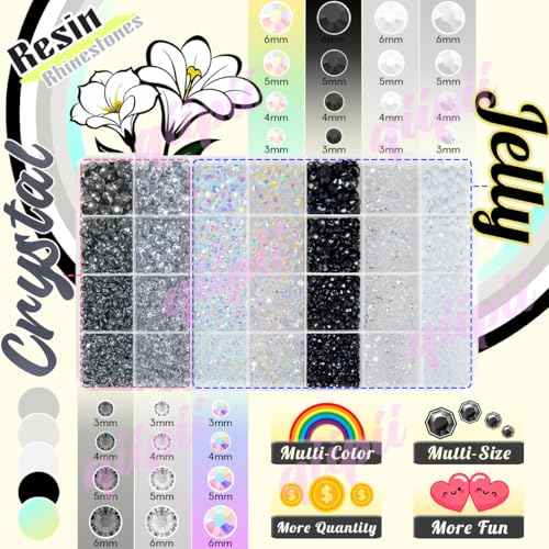 28 Types Black White Transparent Jelly Resin Rhinestones w B7000 Jewelry Glue for Bedazzling Crafting 3-6mm Flatback Stones Gems Diamonds Crystals for Face Eyes Makeup Crafts Tumblers Bottles