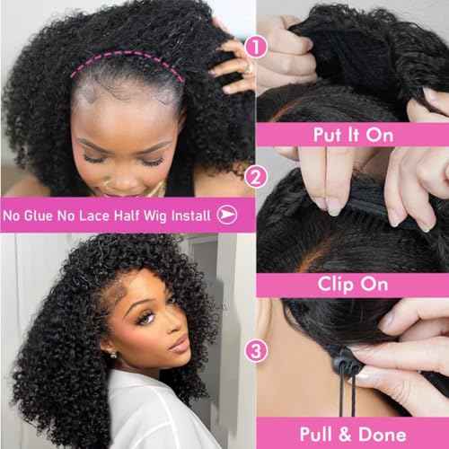 Kinky Curly Half Wig Human Hair Wear Go Glueless Wigs 20 Inch Curly 3 In 1 Half Wigs for Black Women Drawstring Seamless Flip Headband Wig Human Hair Beginner Friendly