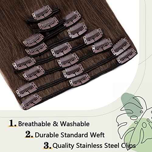 S-noilite Clip in Human Hair Extensions Full Head 8 Pieces/Set Long Straight Silky Soft Clip on Hair (18"-100g #4 Medium Brown)