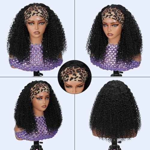 Glueless Half Wigs Human Hair Kinky-Curly Headband Wig Upgrade 3 In 1 Half Wig with Drawstring Seamless Clip Ins Flip Over 200 Density Curly Human Hair Wig For Black Women 22 Inch