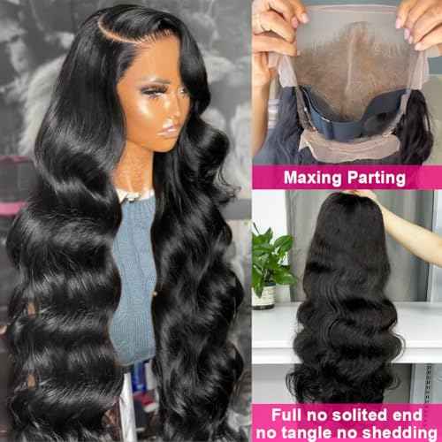 Wingirl 13x6 Body Wave Lace Front Wigs Human Hair Pre Plucked 180 Density HD Transparent Full Lace Frontal Wigs Human Hair for Women Natural Black Color 20Inch