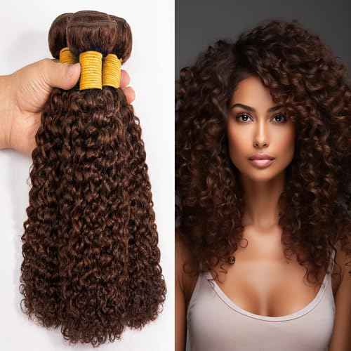 Color 4 Human Hair Chocolate Brown Kinkycurly Bundles Double Weft Brazilian Hair Extensions Dark Brown Deep Curly Wave Bundles Silky and Soft for Women (14 16 18 inch 3 Bundles)