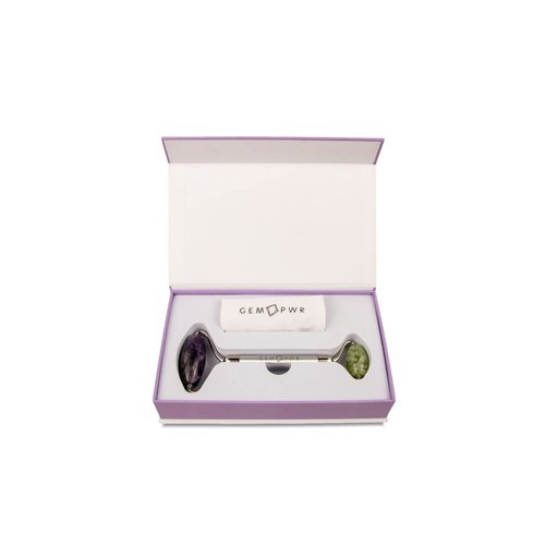 GEM PWR Amethyst + Jade Roller for Face and Neck Massage, Dual Gemstones with Durable Steel Handle and Travel Bag. Minimize Wrinkles, Reduce Puffiness and Restore Skin's Elasticity and Radiance