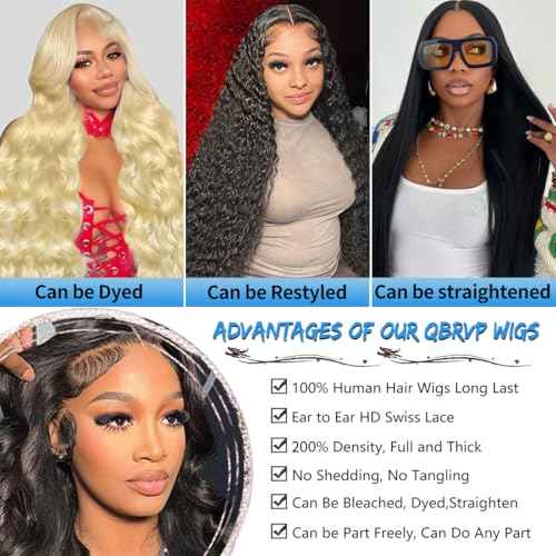 13x6 Lace Front Wigs Human Hair 200% Density HD Transparent Body Wave Lace Front Wigs Human Hair for Women Pre Plucked with Babyhair Natural Black 22Inch