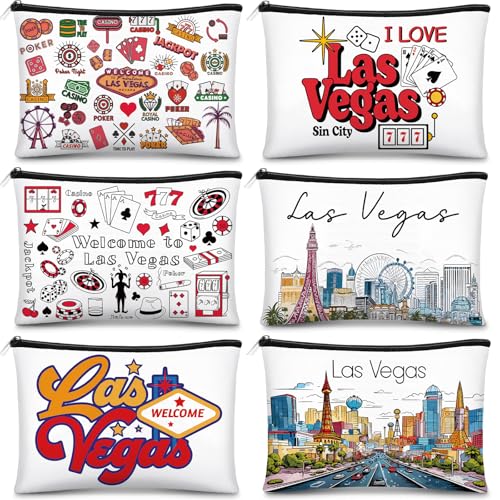 Reginary 6 Pcs City Cosmetic Bag Souvenir Gifts New York Zipper Pouch Chicago Souvenir Seattle Boston Nashville London Paris Italy Alaska Gifts Memento for Women Traveler(Las Vegas)