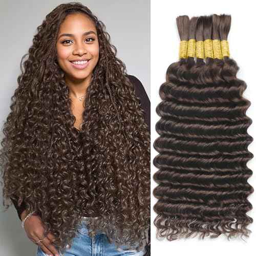 Human Braiding Hair for Boho Braids 150g 24 Inch 6 Bundles/Pack Dark Brown Human Hair Deep Wave Bundles Boho Hair for Braiding 12A Knotless Human Hair Braiding Hair Curly Hair Extensions 2#